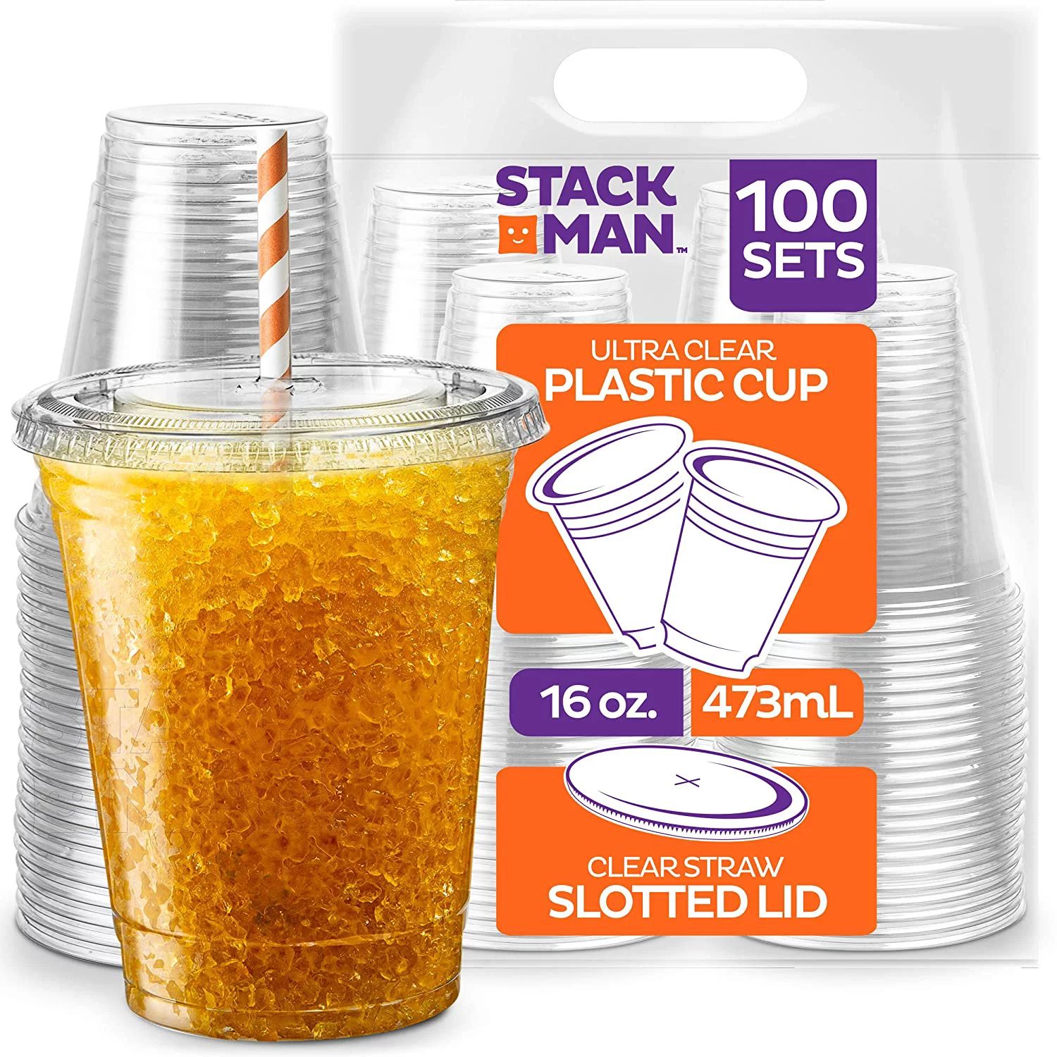 Stack Man [100 Sets - 16 oz.] Clear Plastic Cups with Straw Slot Lid, PET Crystal Clear Disposabl... | Walmart (US)