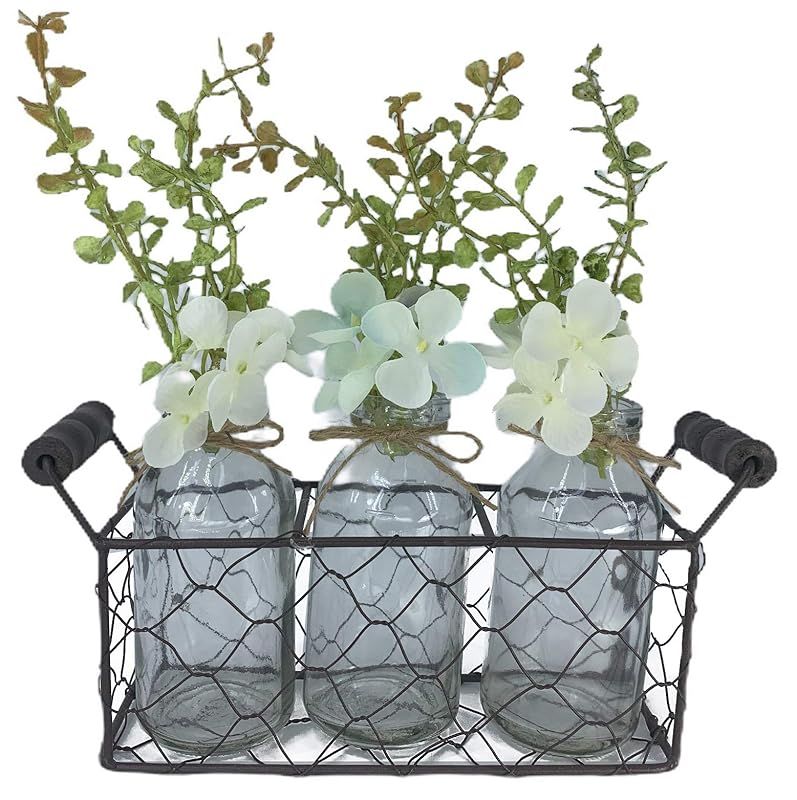 Shelf decor CHICKEN WIRE TRAY with 3 Glass BOTTLES and Florals *small Size *Bottle Jars with pepp... | Amazon (US)