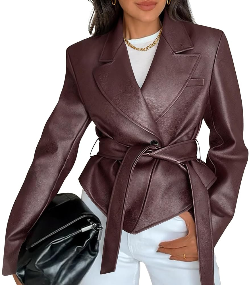 MEROKEETY Women's Fall Fashion 2025 Leather Jacket Casual Belt Button Down Blazer Trendy Coat Out... | Amazon (US)
