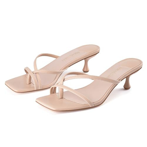 MIRAAZZURRA Nude Kitten Heels Flip Flop Heeled Sandals Thong Mules Heels Square Open Toe Low Heel Slip On Slides for Women Nude 6.5 | Amazon (US)