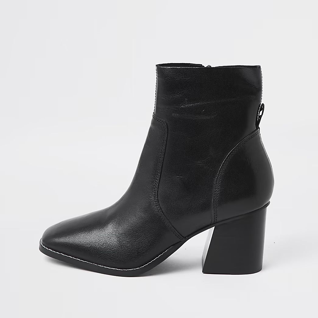 Black leather block heel ankle boot | River Island (UK & IE)
