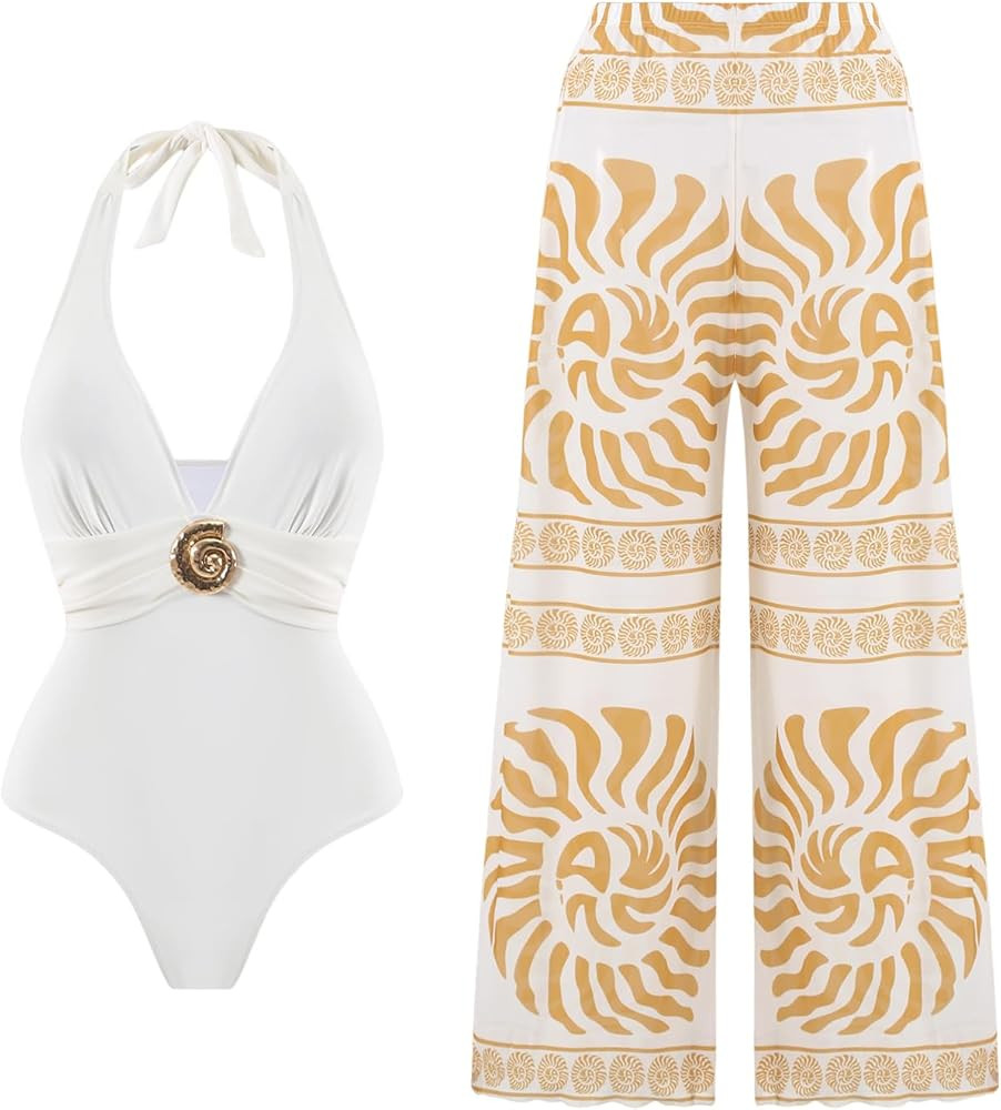 SherryDC Women's Halter Deep V Neck One Piece Swimsuit with Pants Cover Up Bathing Suit Beachwear | Amazon (US)