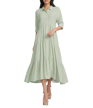 Pinstripe Print Button Point Collar 3/4 Blouson Cuff Sleeve Tiered Waistless Midi Shirt Dress | Dillard's