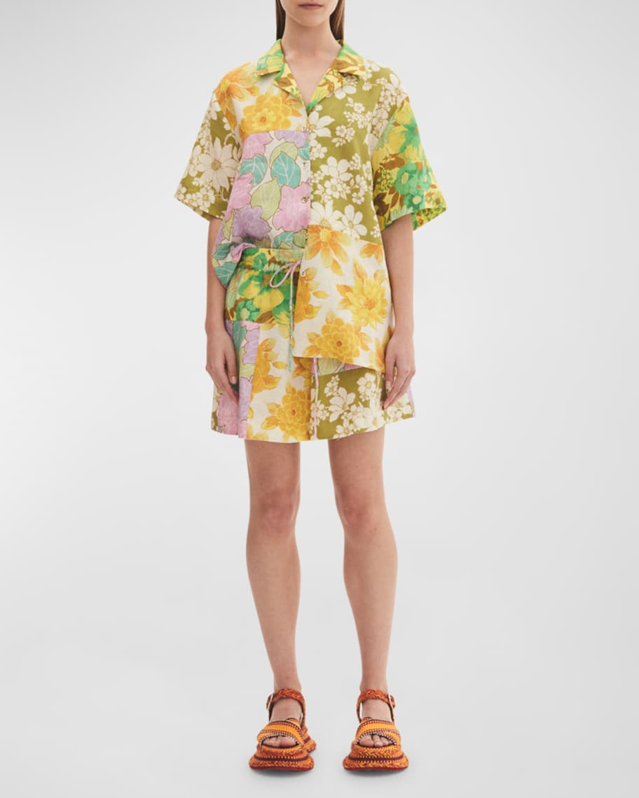ALEMAIS Elora Floral Patchwork Linen Button-Front Shirt | Neiman Marcus