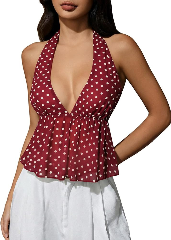 Milumia Women's Y2K Polka Dots Tie Backless Halter Top V Neck Ruffle Hem Peplum Going Out Crop Ta... | Amazon (US)