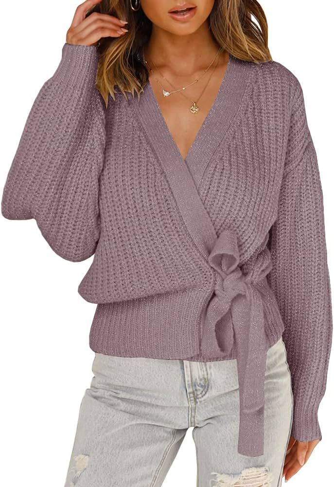 Foshow Womens Wrap Long Batwing Sleeve Sweaters Tops V Neck Belted Waist Tie Front Pullover Sweater  | Amazon (US)