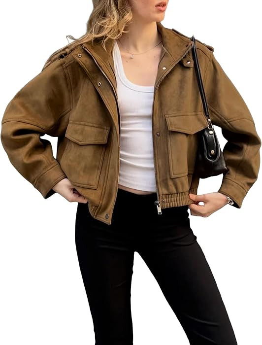 Women's Cropped Oversized Faux Suede Bomber Jacket | Amazon (US)