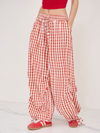Woven Mid Rise Gingham Knotted Drawstring Pocket Wide Leg Trousers For School | Cider