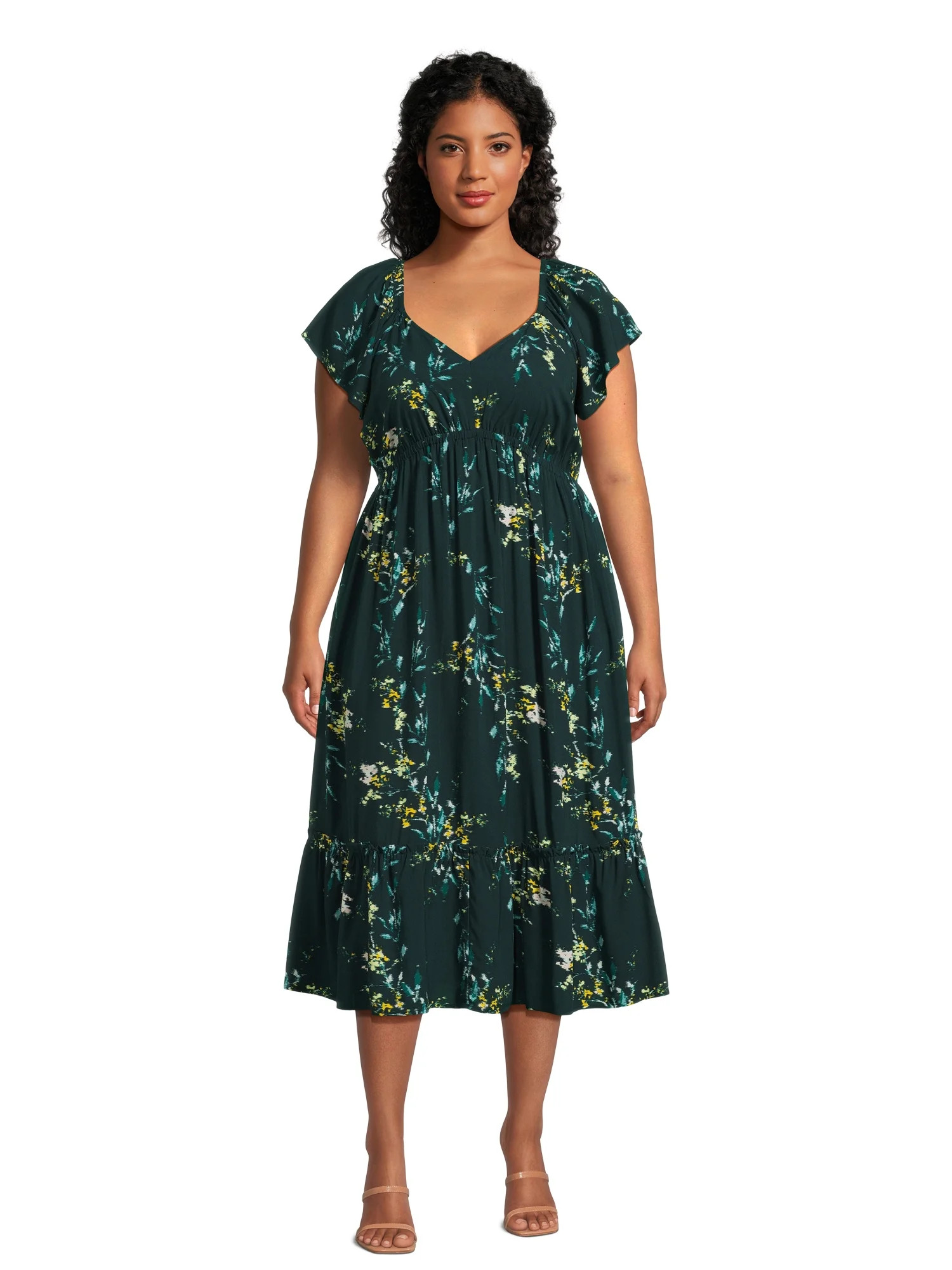 Terra & Sky Women's Plus Size Flutter Sleeve Midi Dress - Walmart.com | Walmart (US)