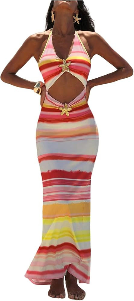 GORGLITTER Women's Starfish Decor Color Block Striped Halter Maxi Dress Cut Out Backless Summer D... | Amazon (US)