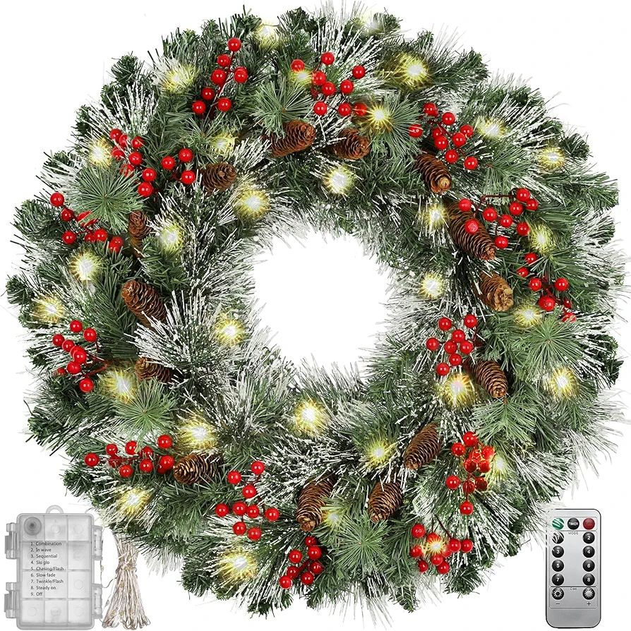 22 Inch Pre-Lit Artificial Christmas Wreath，Christmas Wreaths for Front Door with Pine Cones, R... | Amazon (US)