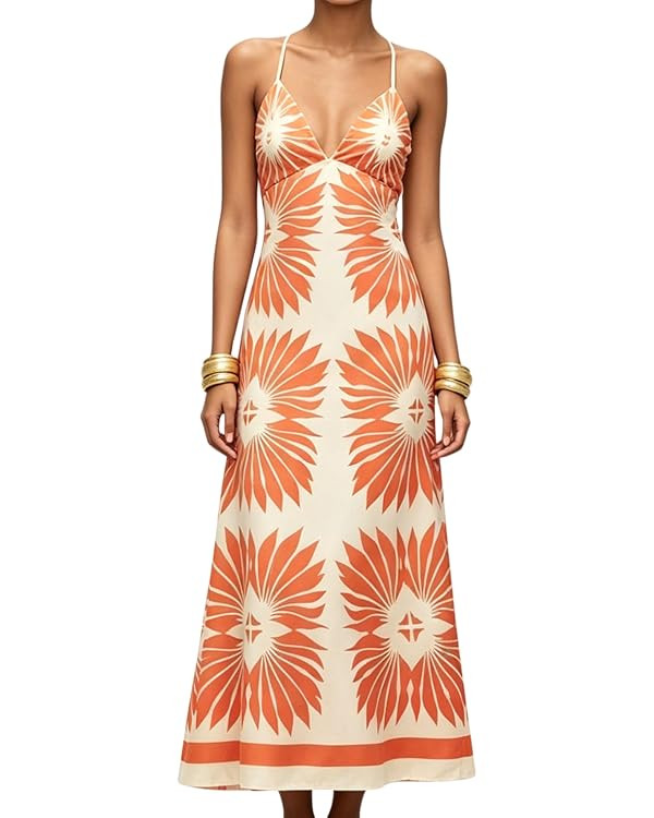 Milumia Women's Summer Floral Maxi Dress V Neck Backless Sleeveless Boho Vacation Long Dresses | Amazon (US)