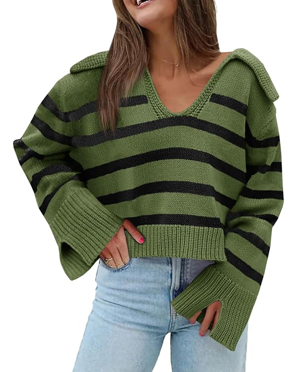 Saodimallsu Womens Striped Sweater V Neck Collared Fall Trendy Knitted Long Sleeve Loose Pullover... | Amazon (US)