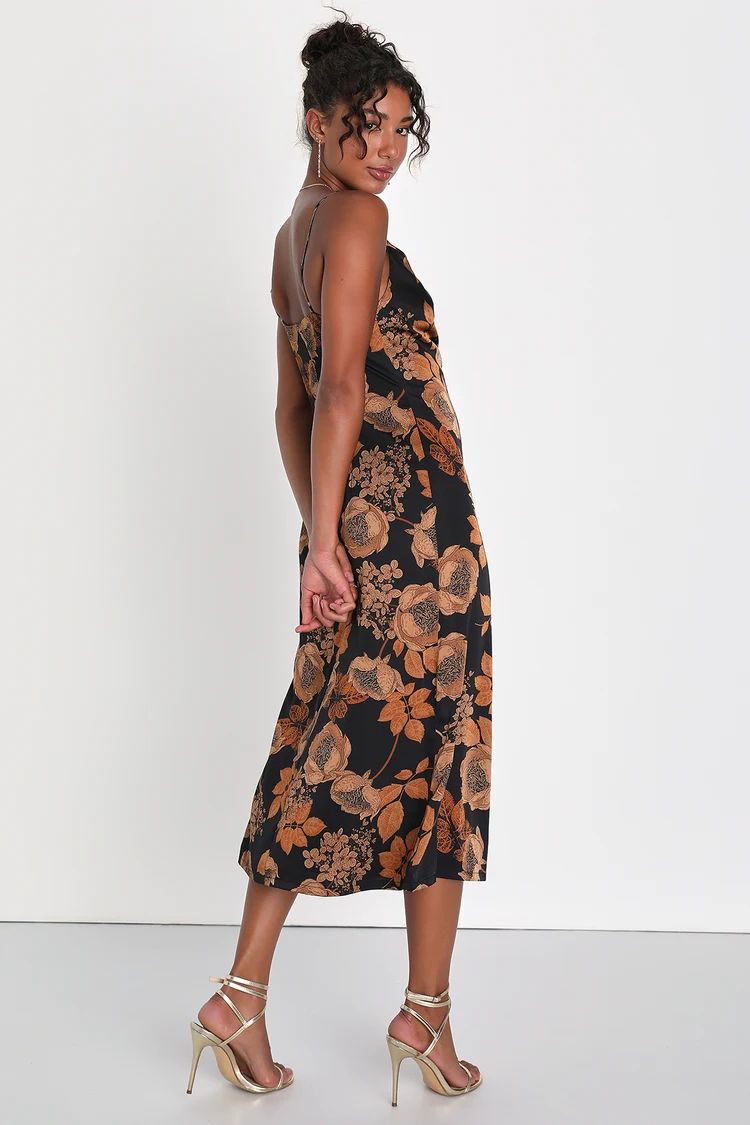 Favorite Icon Black Floral Satin Cowl Neck Slip Midi Dress | Lulus