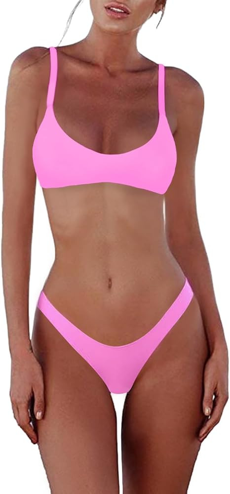 SherryDC Women's Solid Scoop Neck Push Up Padded Brazilian Thong Bikini Swimsuit Bathing Suit | Amazon (US)