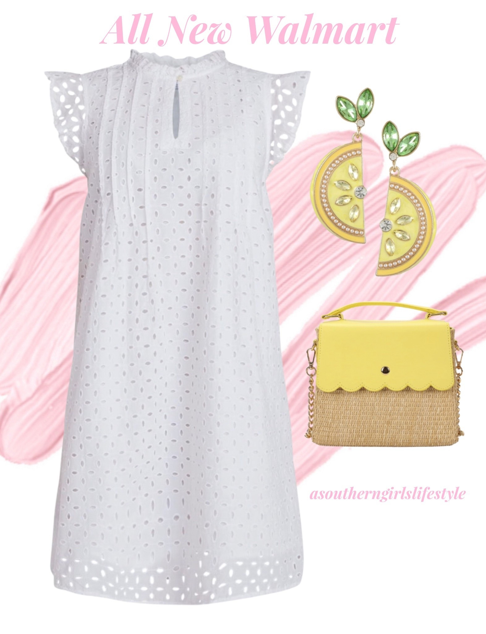 All New Walmart for Spring - makes for a pretty Spring Outfitt

White Eyelet Flutter Sleeve Ruffle Neck Dress, Lemon Earrings & Yellow Scalloped Straw Bag

Spring Dress. Resort Wear. Spring Outfit.  

#LTKPetite #LTKootd #LTKSeasonal