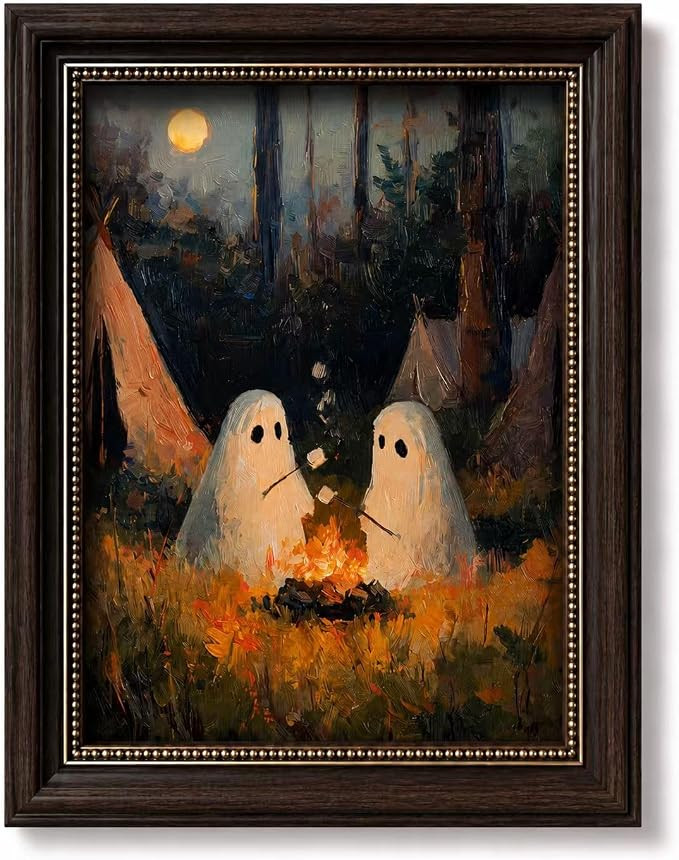 Camgariydan Dark Brown Framed Canvas Wall Art, Cozy Spooky Ghost Campfire Painting, Gothic Cottag... | Amazon (US)