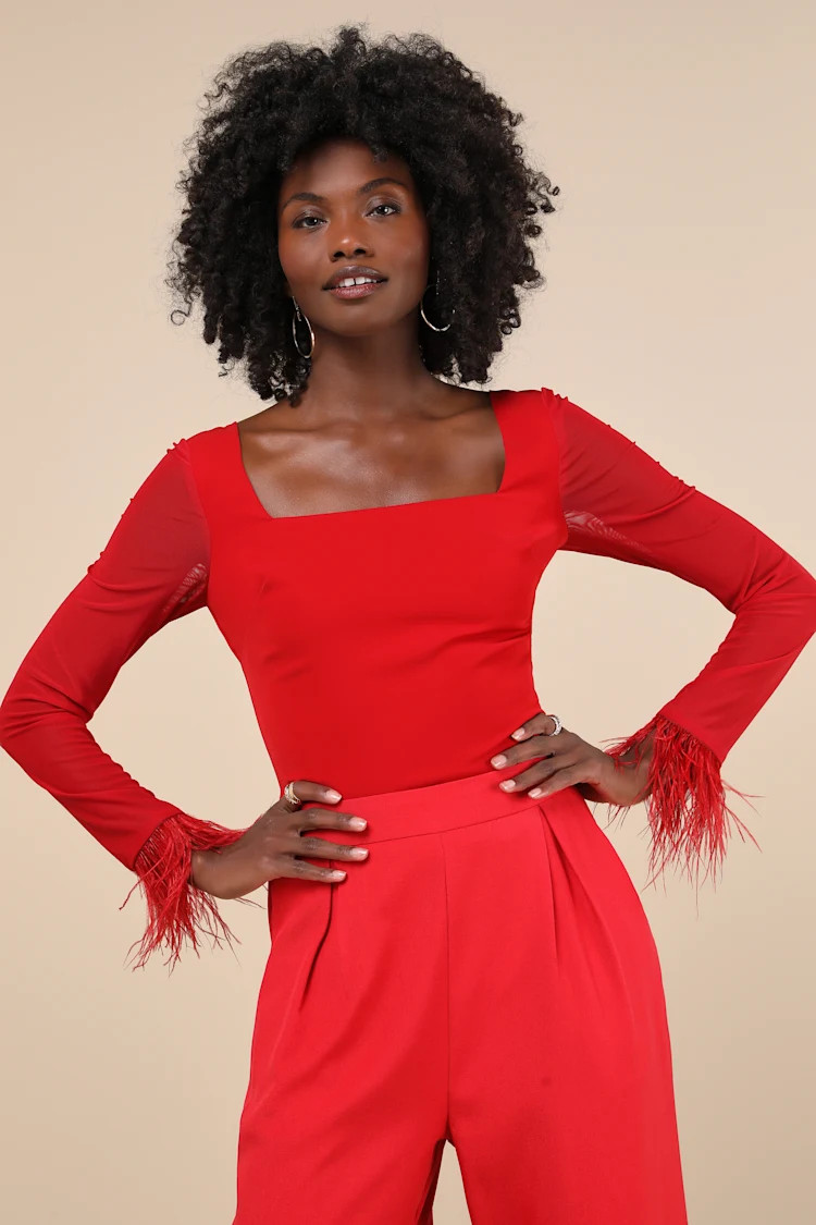 Effortlessly Luxe Red Feather Long Sleeve Bodysuit | Lulus