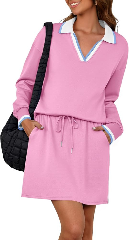 Fisoew Womens 2 Piece Outfits Casual Long Sleeve Tops Mini Skirts Travel Vacation Lounge Sets | Amazon (US)