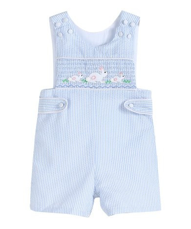 Lil Cactus Blue Seersucker Easter Bunny Smocked Shortalls - Infant | Zulily