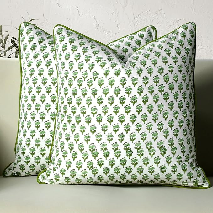 CPC 100% Cotton Throw Pillow Covers 20x20 Inch, Set of 2 Green Block Print Pattern Couch Pillow, ... | Amazon (US)