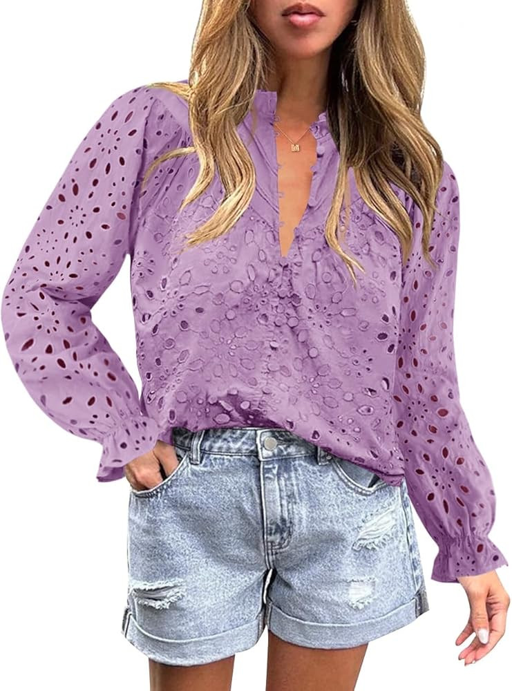 ZESICA Women's Casual Blouse Tops Puff Long Sleeve Button V Neck Hollow Out Eyelet Lace Embroider... | Amazon (US)