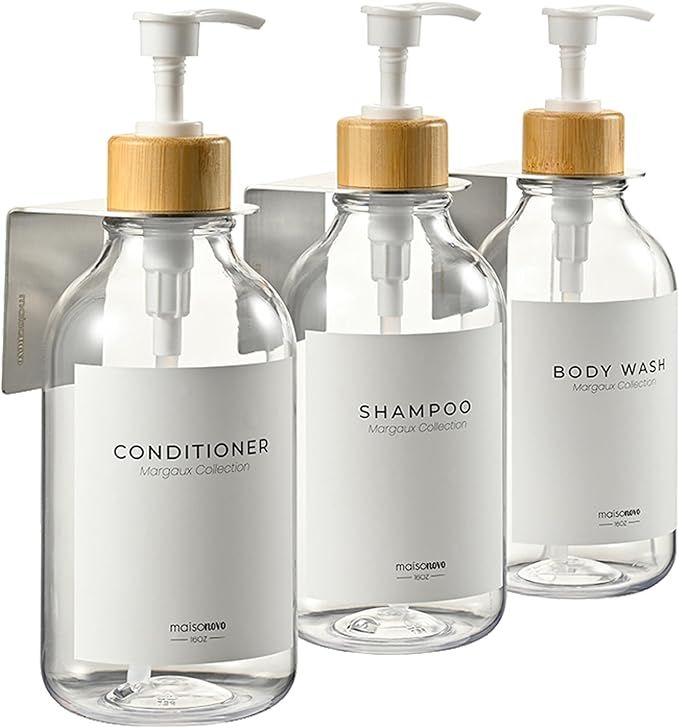 MaisoNovo Shampoo and Conditioner Dispenser | 3 Bamboo Plastic Clear 3 Wall Mount Silver | Shampo... | Amazon (US)