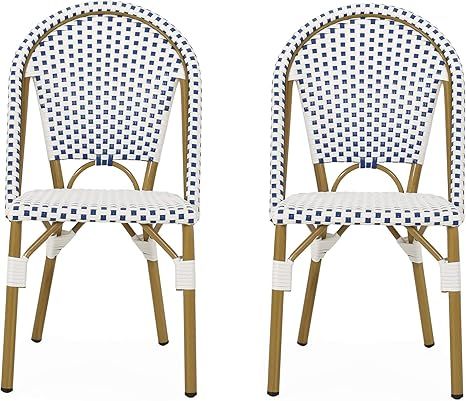Christopher Knight Home Philomena Outdoor French Bistro Chair (Set of 2), Blue + White + Bamboo P... | Amazon (US)