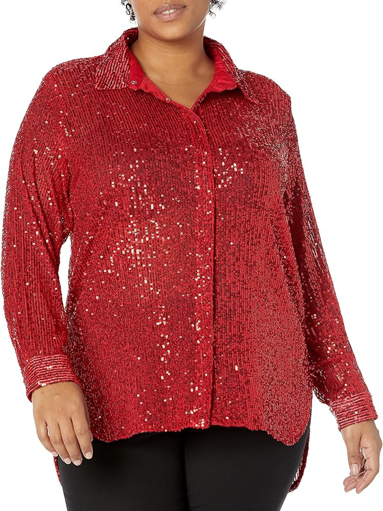 Calvin Klein Women's Plus Size Collar Oversize Formal Sequin Mesh Blouse | Amazon (US)