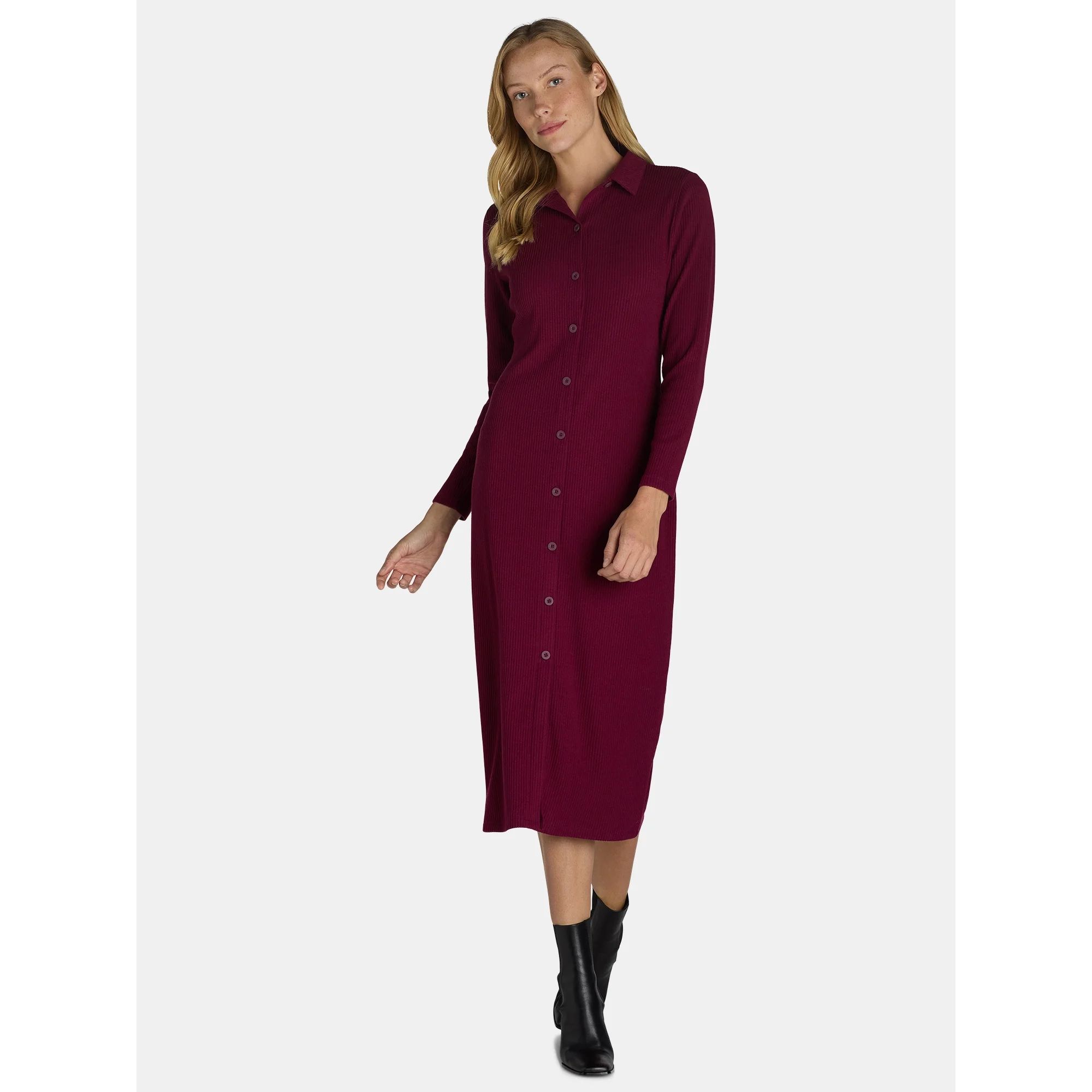 Time and Tru Women's Knit Midi Shirt Dress, Sizes XS-XXXL | Walmart (US)