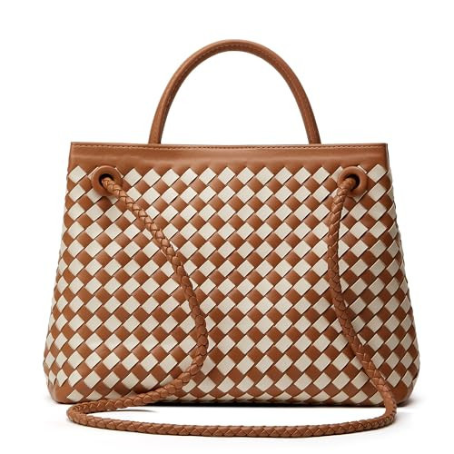 Woven Bags for Women Crossbody Handbag: Vegan Leather Small Tote Purse - Trendy Shoulder Handbags and Purses - Bowknot Satchel Purses (Brown+Seashell Color) | Amazon (US)