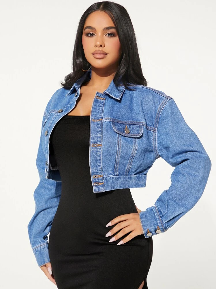 Cropped Denim Jacket With Flap Detail And Dropped Shoulders | SHEIN