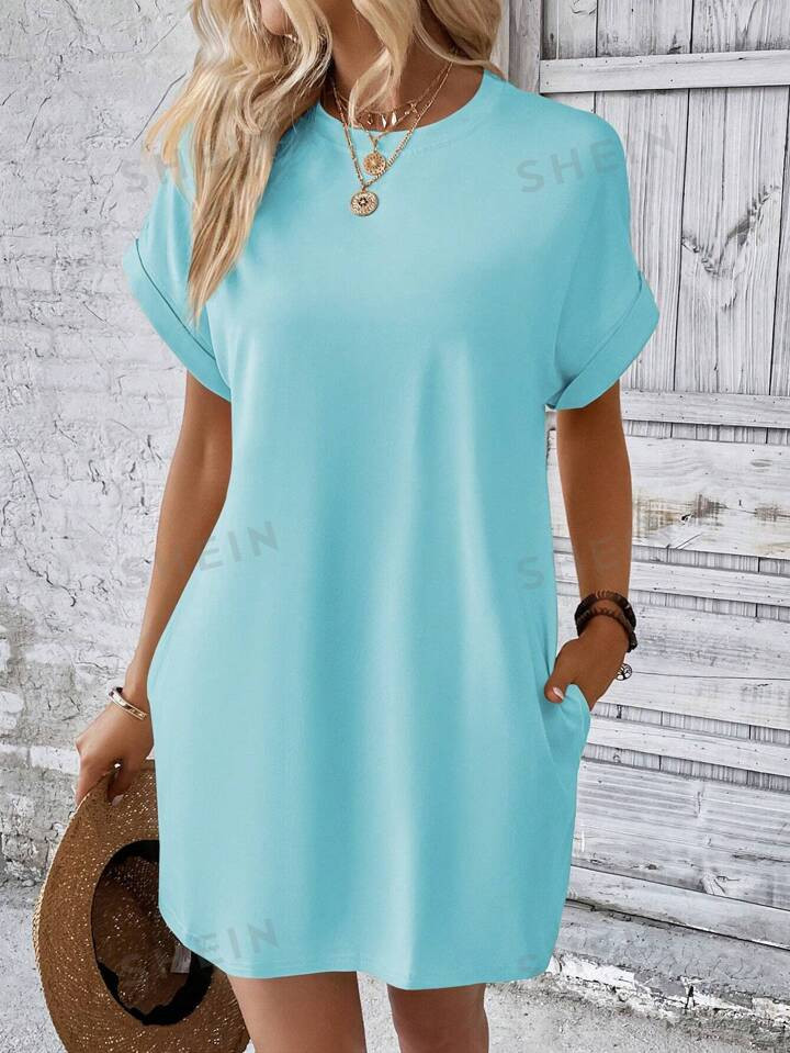 SHEIN LUNE Women's Round Neck Batwing Sleeve Solid Color Dress | SHEIN