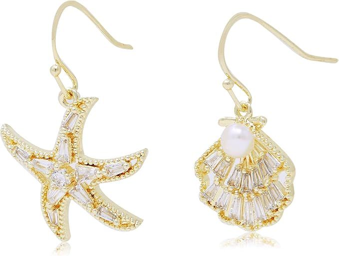 La Raffine Sea star/Starfish and Shell Shape with Natural Freshwater Pearl and Zircon, 14K Gold P... | Amazon (US)