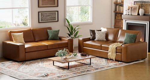 ELUCHANG 85" Faux Leather Couch, 2 Piece Mid-Century Modern Loveseat Sofa with Extra Deep Seat, Upholstered Cushion&Solid Wooden Frame, Comfy Couch for Living Room, Brown | Amazon (US)