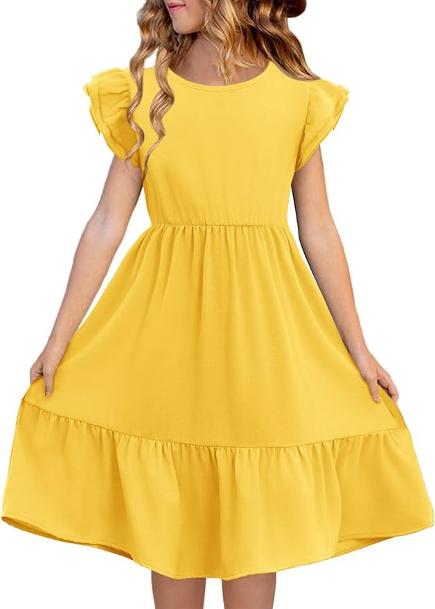 Haloumoning Girls Dresses Kids Summer Double Layer Ruffle Sleeve Dress 5-14 Years | Amazon (US)