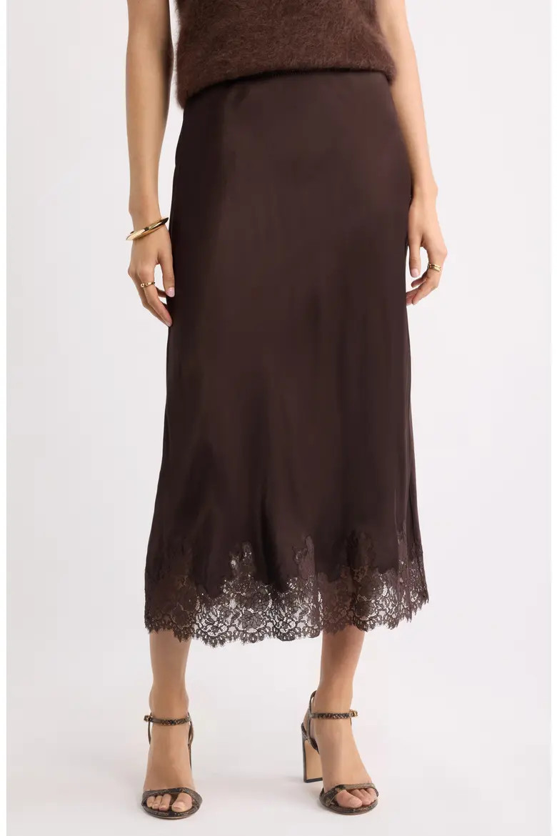 Nordstrom Lace Trim Satin Bias Midi Skirt (Women) | Nordstrom | Nordstrom