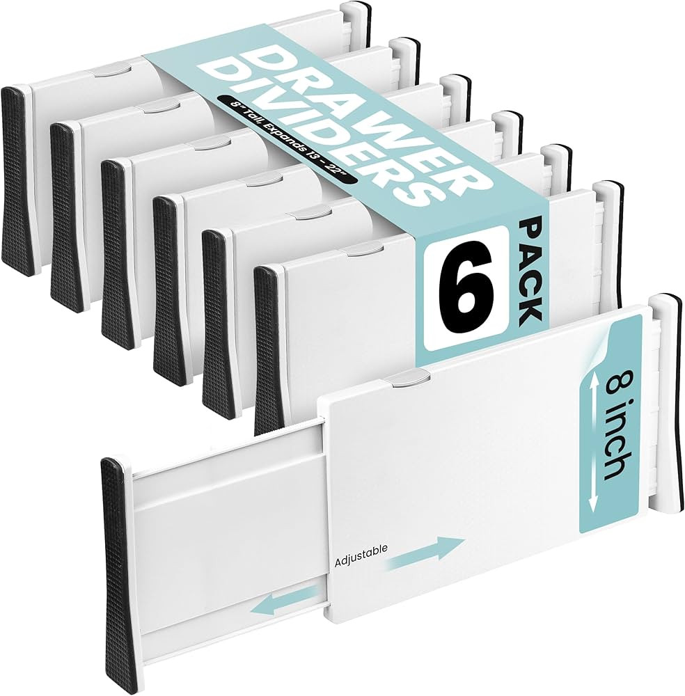 RAPTUROUS Adjustable Drawer Dividers, 8" Tall, Expandable 13.35-22", 6-Pack, Non-Slip for Deep Dr... | Amazon (US)