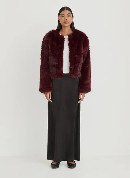 Burgundy Faux Fur Cropped Jacket- Reysha | 4th & Reckless
