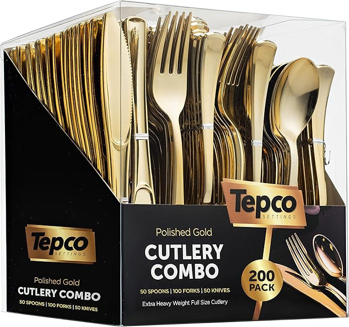 200-Piece Gold Plastic Cutlery Set - Disposable Gold Flatware - 100 Forks, 50 Spoons, 50 Heavy Du... | Amazon (US)