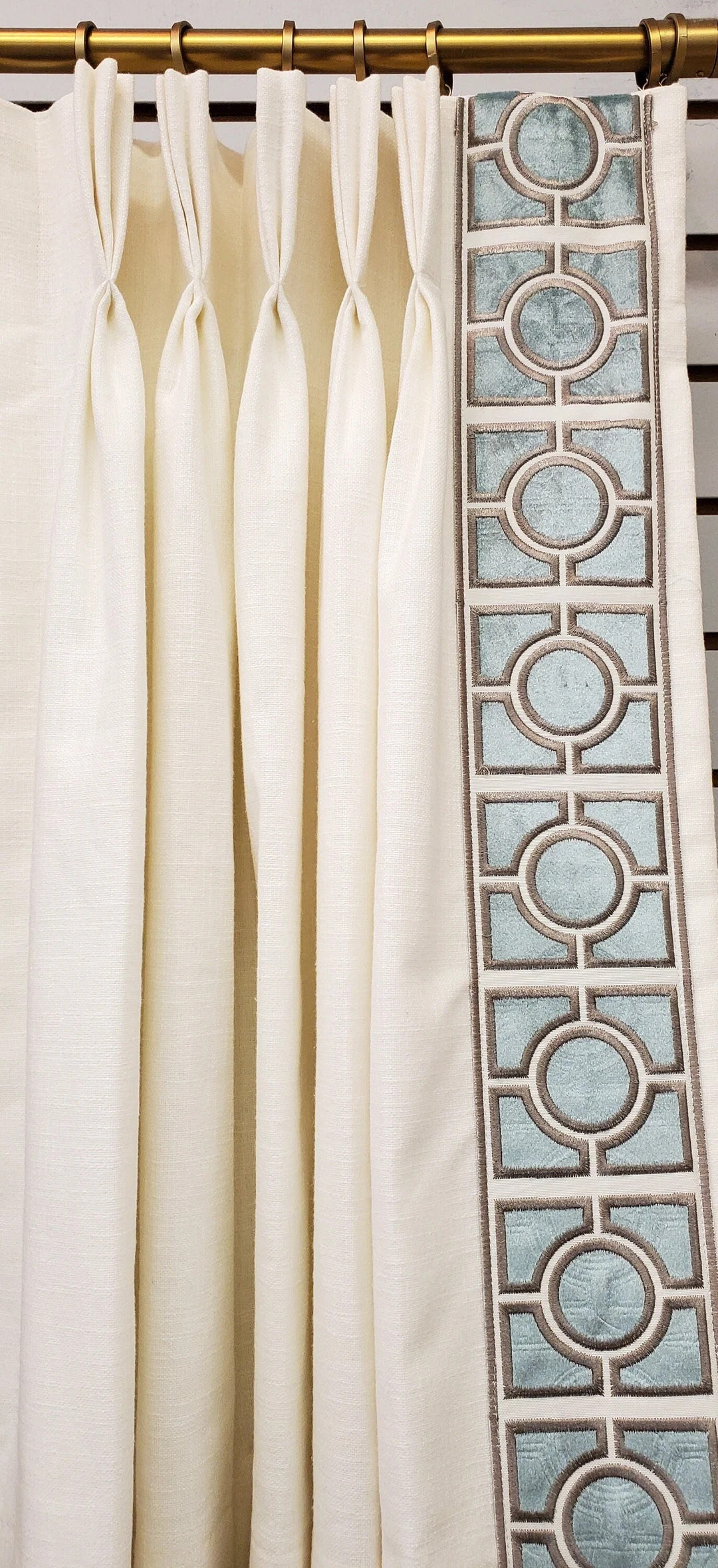 Cream Drapes with Spa Blue Trim | Punjab Frost Fabric with Sophia Trim | Lined & Pleated Custom C... | Etsy (US)
