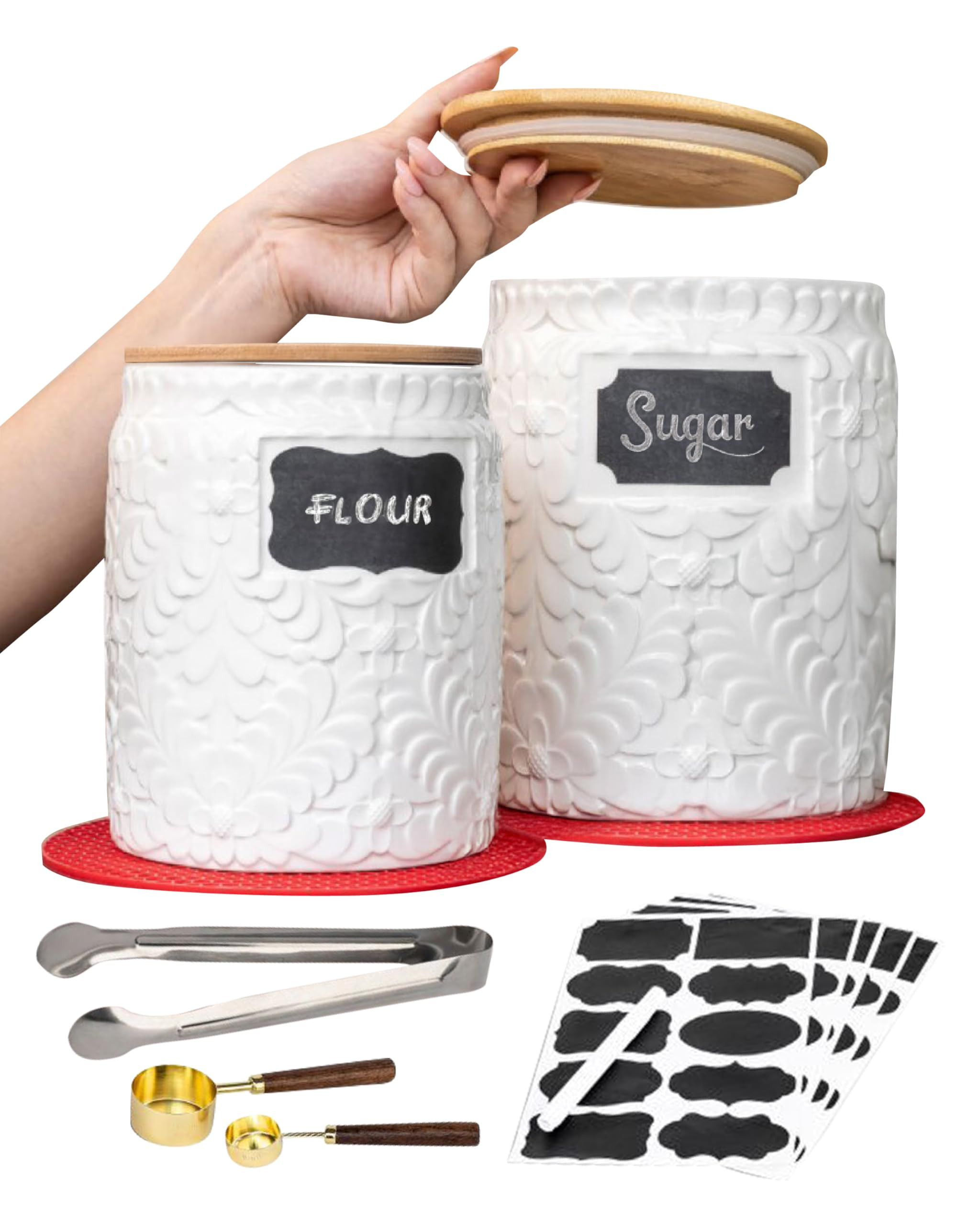 Ceramic Canister Set for the Kitchen Set of 2 - 94/52 Oz - Food Storage Containers, Airtight Bamboo Lid, Decorative Flour Sugar Coffee Canister, Food Container for Coffee, Flour, Sugar, Cookie Jar | Amazon (US)