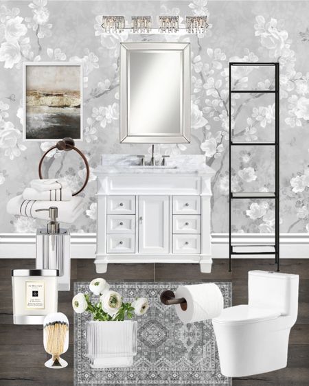 Client bathroom design! I couldn’t change the mirror, lighting, toilet or vanity but decorated the rest of this space in neutral soft grey tones. The wallpaper is the Eden Mural Wallpaper grey from Drop It Modern. 
-
Bathroom decor - luxury bathroom style - Wayfair - Overstock - Amazon Home - Etsy wall art - digital printable art - affordable bathroom art - abstract art - crystal soap dispenser - bronze toilet paper holder - bronze towel ring - white faux flowers - ribbed glass oval vase - Jo Malone candle - match cloche - grey and white bathroom - black glass shelving 

#LTKFind #LTKhome #LTKsalealert