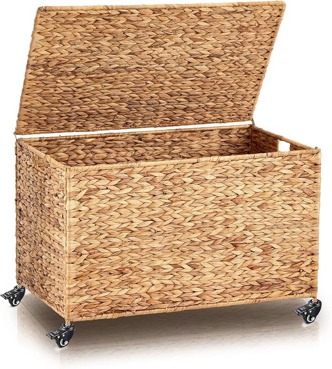 30 x 17.7 x 17.7'' Rolling Storage Trunk with Wheels Woven Wicker Storage Basket with Lid Heavy D... | Amazon (US)