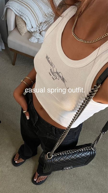 Casual spring outfit. ⛓️🃏🕶️

Racerback tank top, cropped white tank, baggy jeans, baggy denim, oversized jeans, gold jewelry 

#LTKunder100 #LTKstyletip #LTKFind