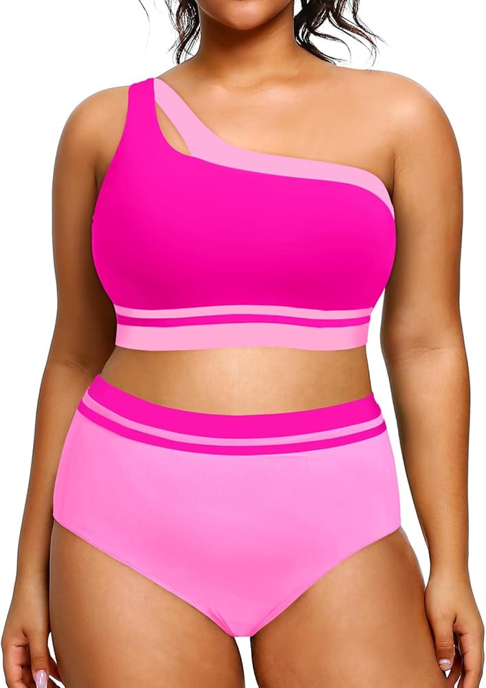 Aqua Eve Women Plus Size High Waisted Bikini One Shoulder Two Piece Swimsuit Color Block Bathing ... | Amazon (US)