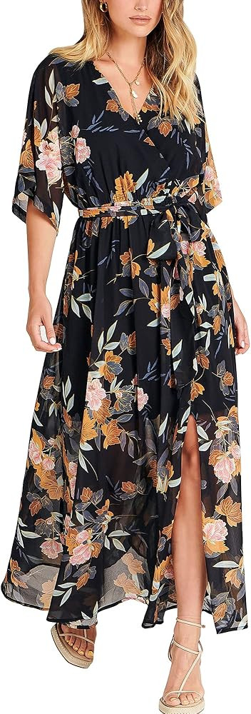 ANRABESS Womens 1/2 Sleeve Beach Wedding Guest Maxi Dresses 2025 Fall Wrap V Neck Boho Floral Flo... | Amazon (US)