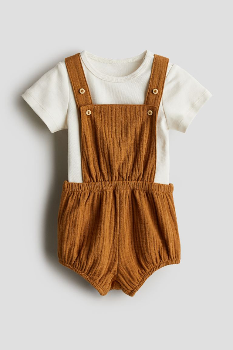 2-piece Cotton Set - Round Neck - Short sleeve - Brown/white - Kids | H&M US | H&M (US + CA)