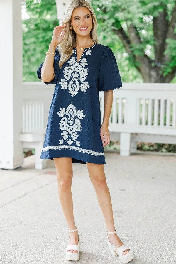As Time Flies Navy Embroidered Shift Dress | The Mint Julep Boutique