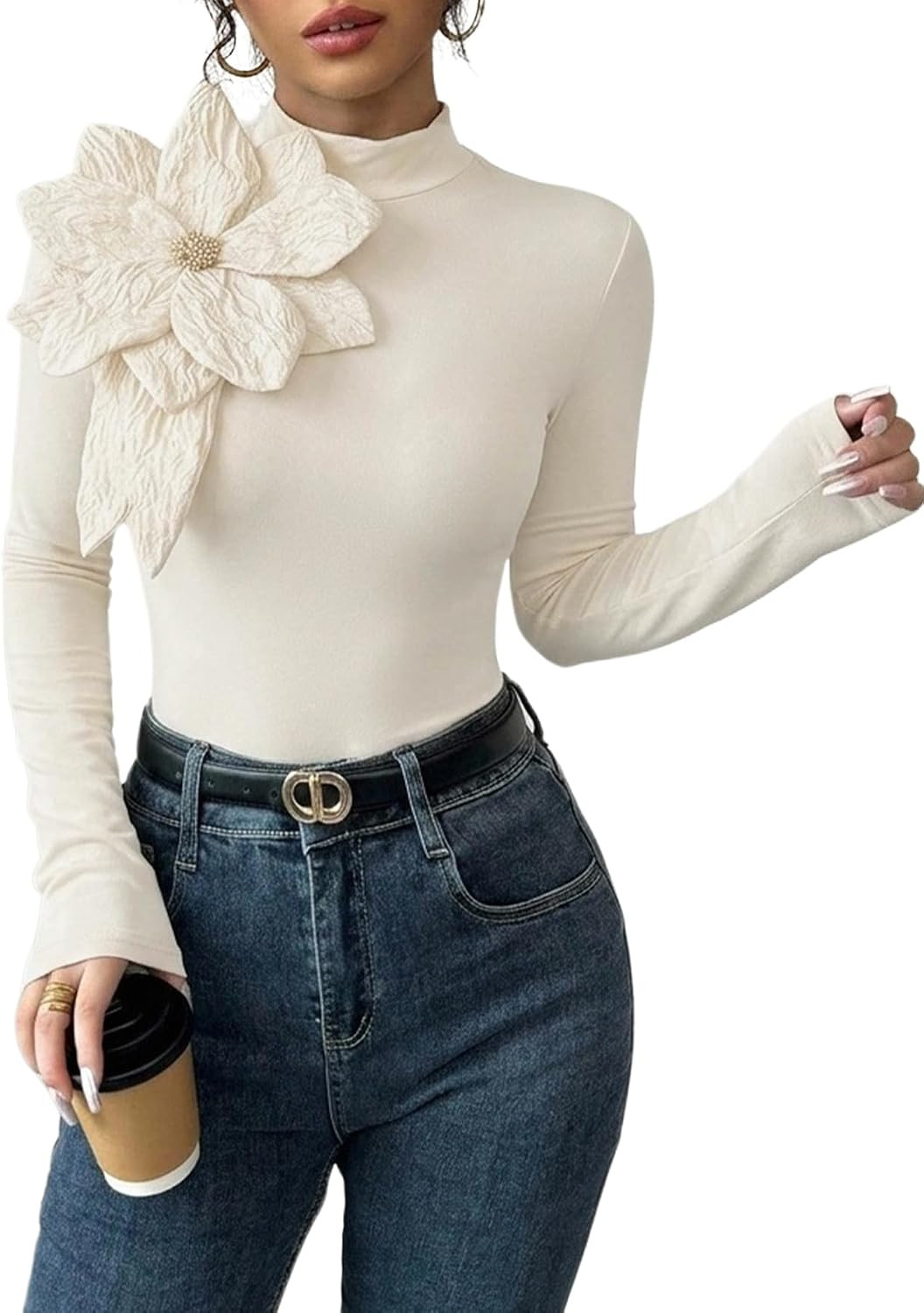 OYOANGLE Women's Long Sleeve Blouse 3D Floral Y2k Going Out Mock Neck Top | Amazon (US)